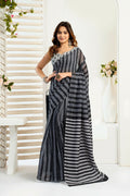 Vastranavya Black Digital Printed Linen Ready To Wear Designer Saree with Unstitched Blouse