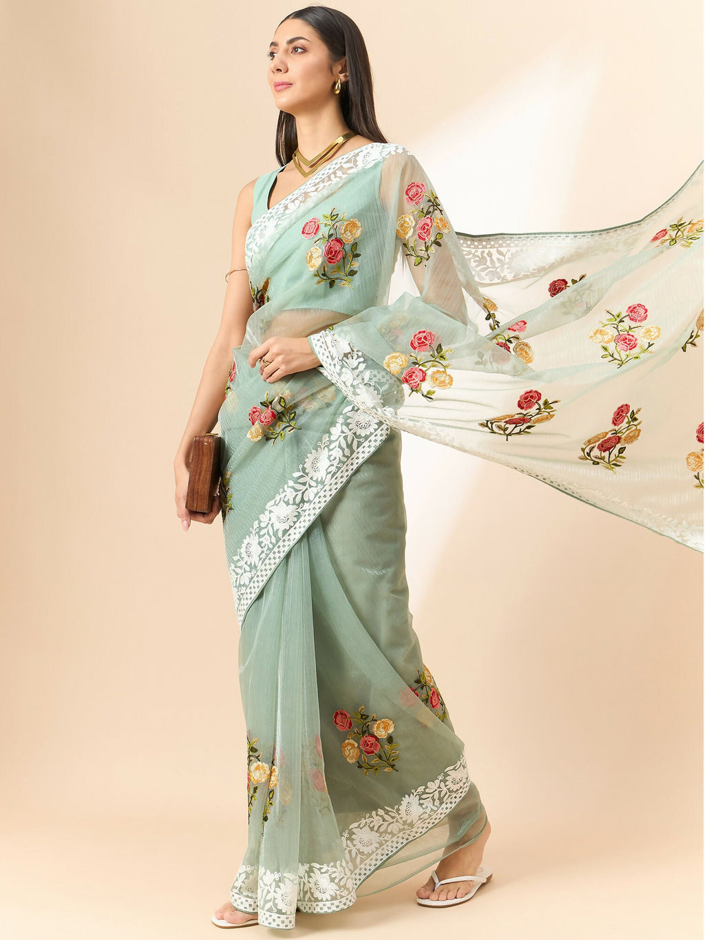 Green Organza Floral Embroidered Saree with Unstitched Blouse Piece - Roozal
