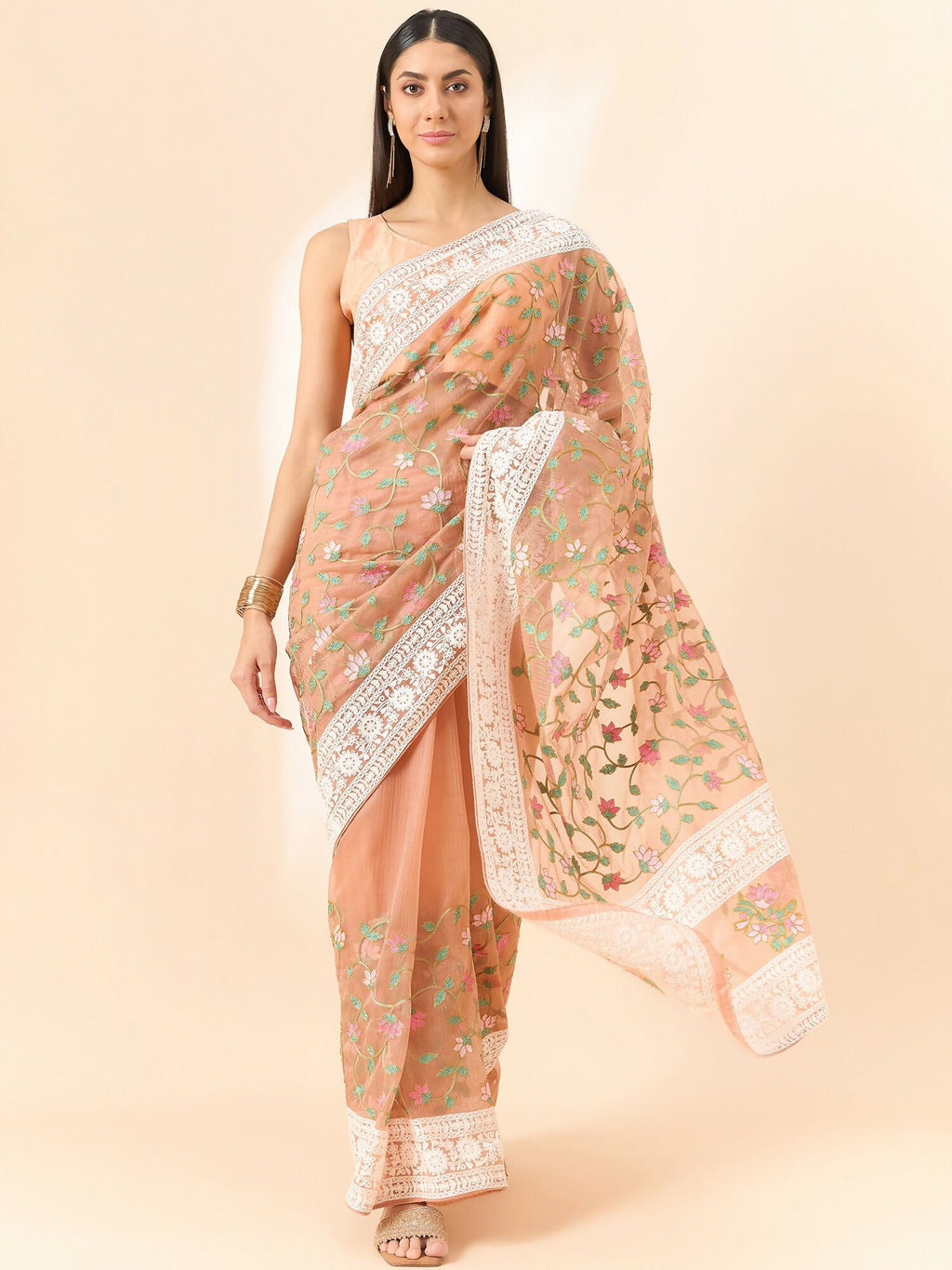 Peach Organza Floral Embroidered Saree with Unstitched Blouse Piece - Roozal
