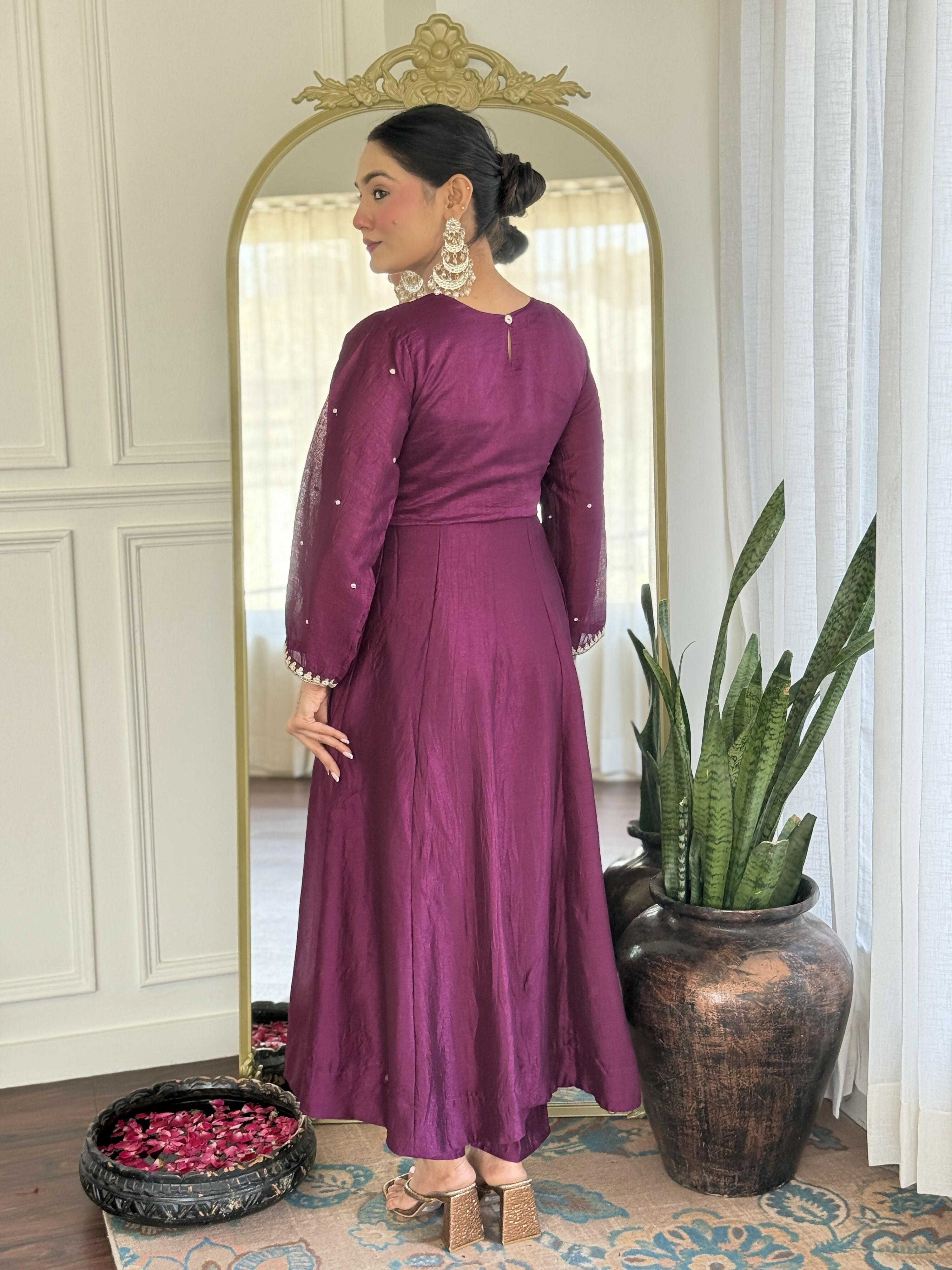 The52 Purple Women's Gorgeous Embroidered Vichitra Silk Fabric Flared Kurta Pant with Dupatta Set