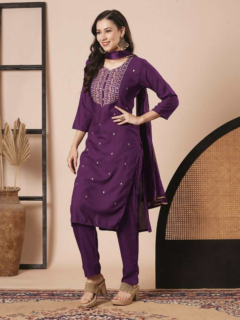 Purple Rayon Slub Embroidery Work Kurta Set - Riya