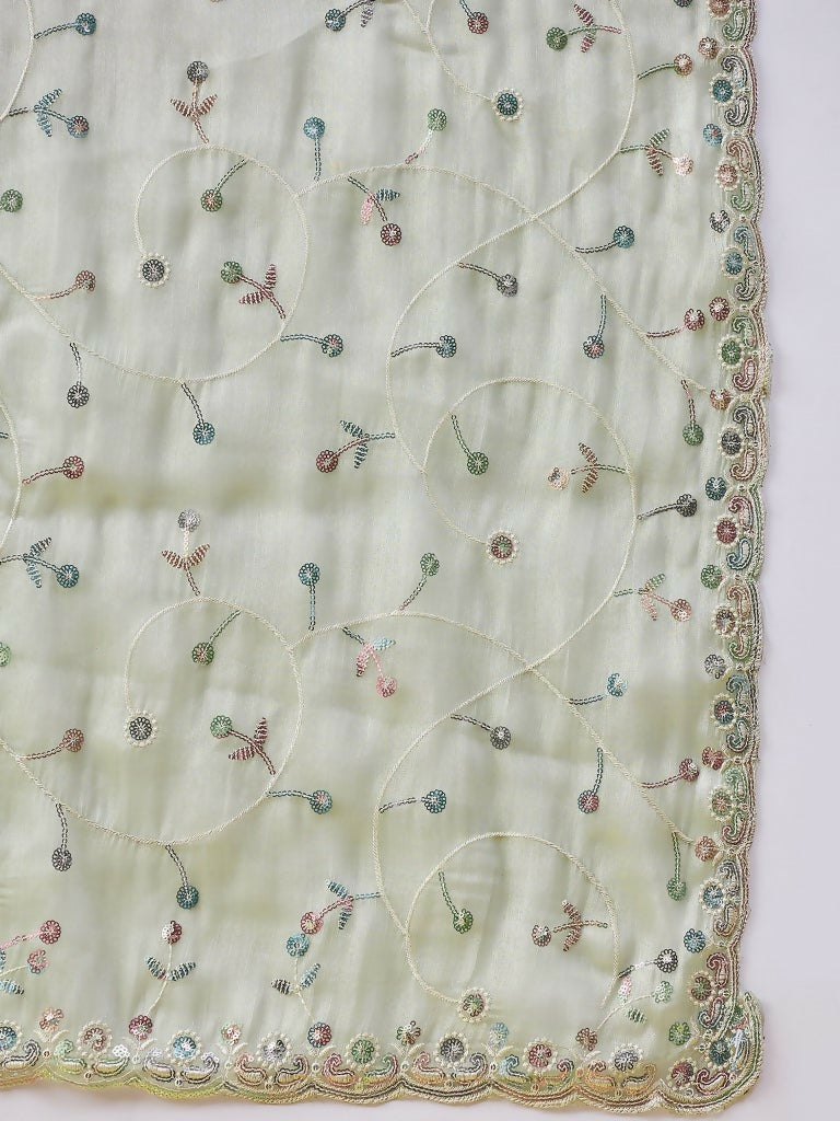 Green Organza Sequence Embroidered Saree with Unstitched Blouse - Satya