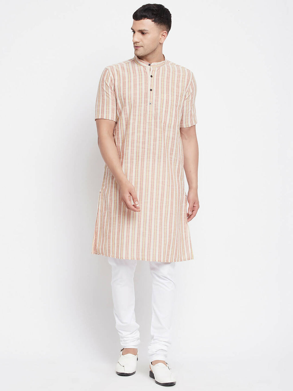 Even Apparels Yellow Pure Cotton Men's H/S Kurta With Band Collar