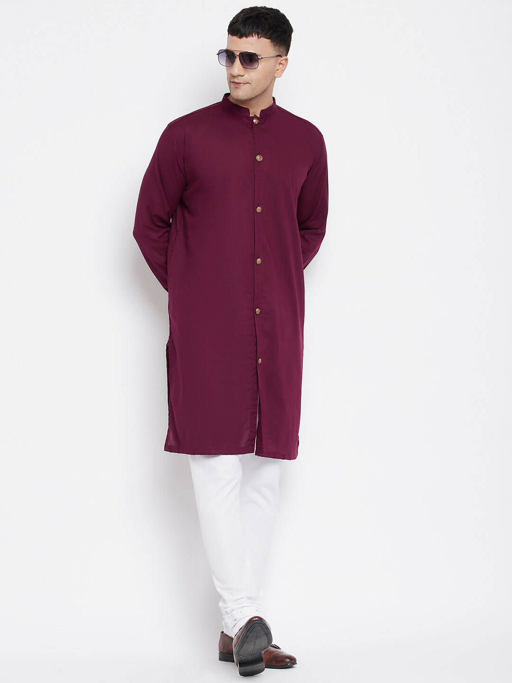 Even Apparels Maroon Pure Cotton Men's Sherwani Kurta With Open Front