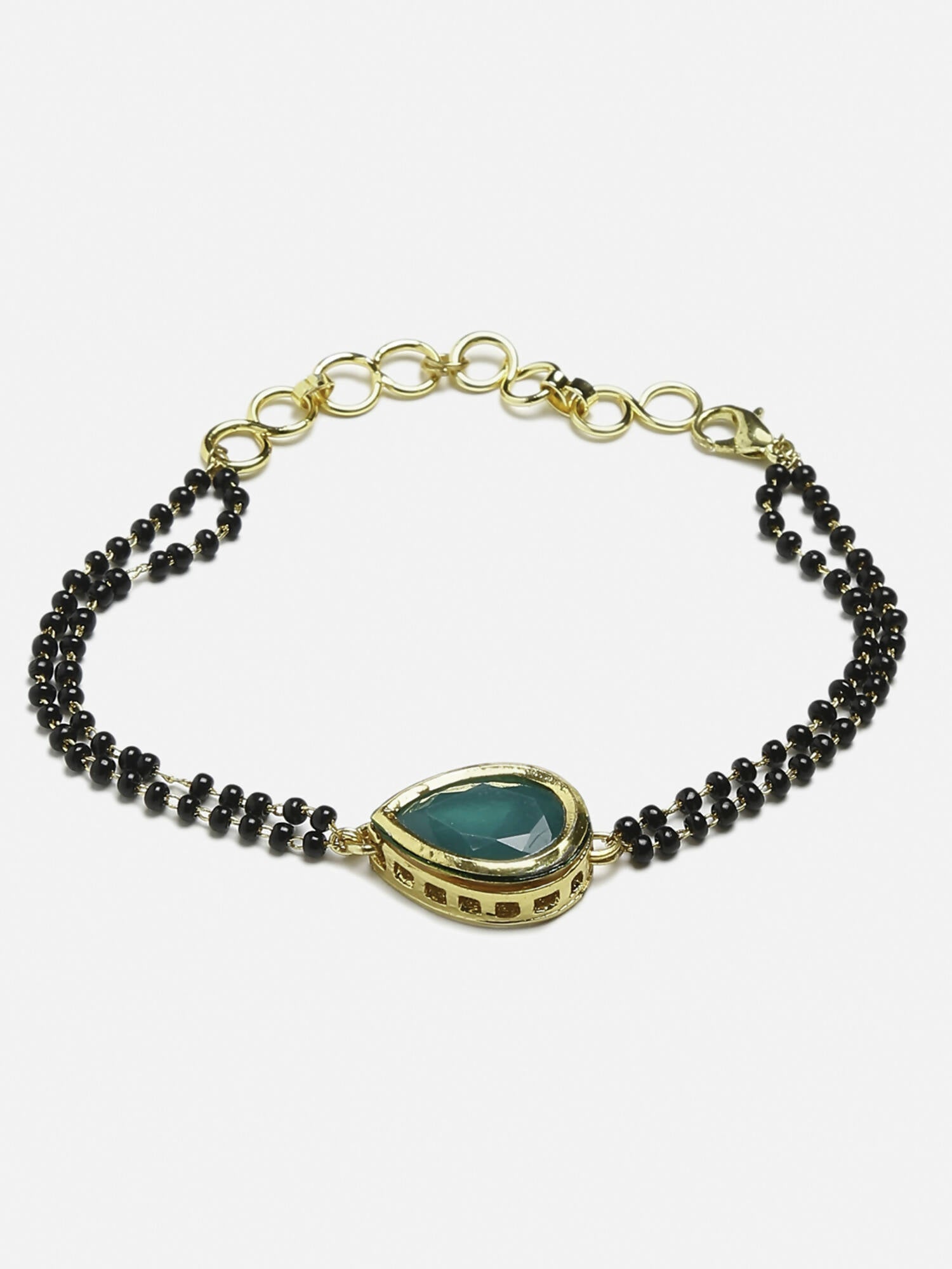 Women's Black Gold-Toned Gold-Polished Kundan Studded Charm Mangalsutra Bracelet - Ruby Raang