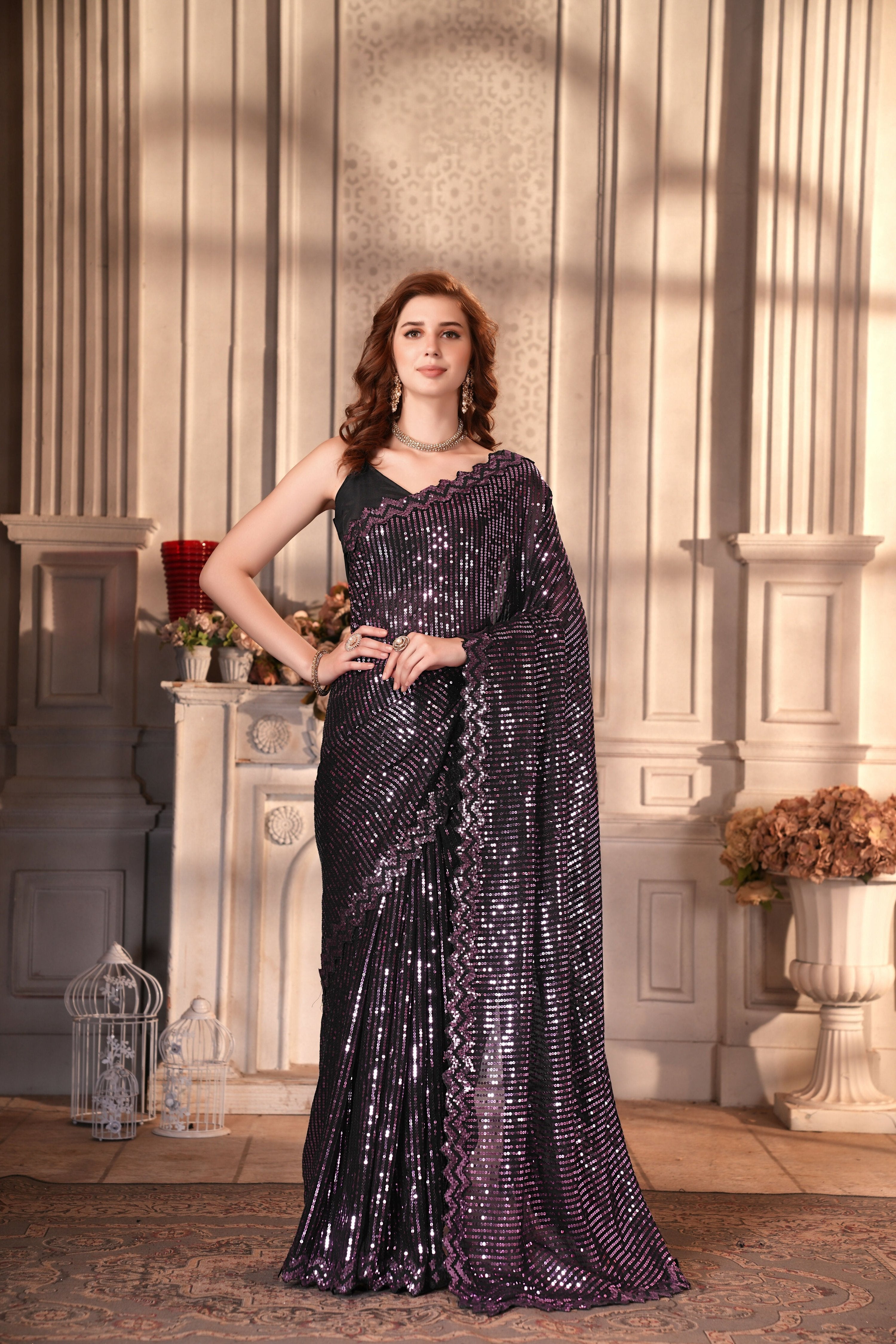 Dishitha Creation Indian Women's Designer Georgette Sequence Saree - Purple