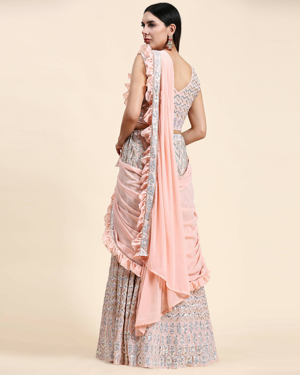 Peach Pure Viscose Georgette Thread With Sequins Embroidery Work Lehenga Choli With Dupatta - Tanya