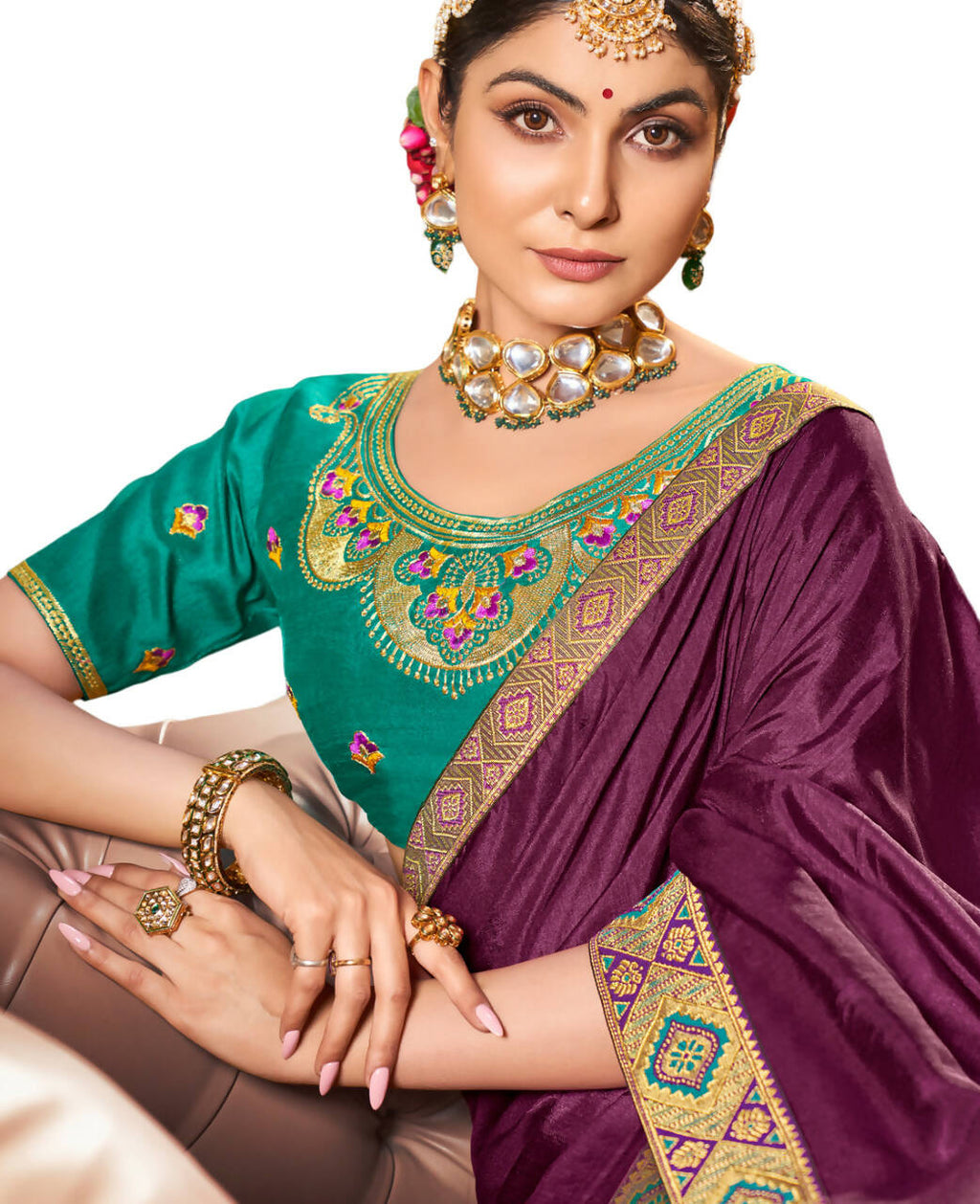 Purple Solid Vichitra Saree With Unstitched Blouse Piece - Selena