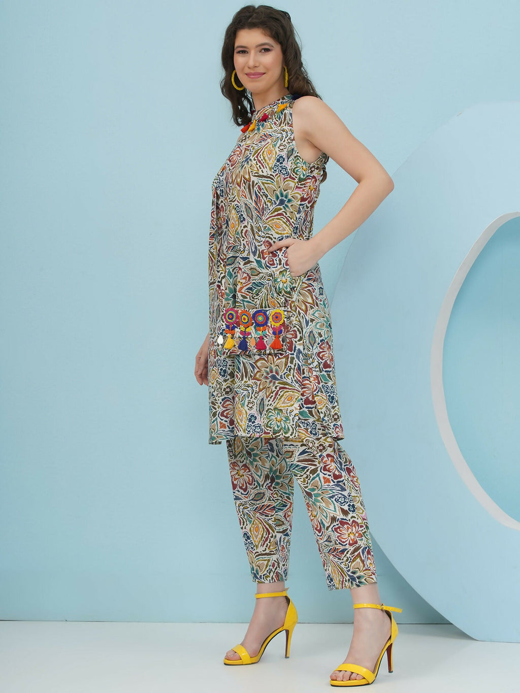 Joban Fashion Floral Co Ord Set With Embellished Sling Bag - Multi