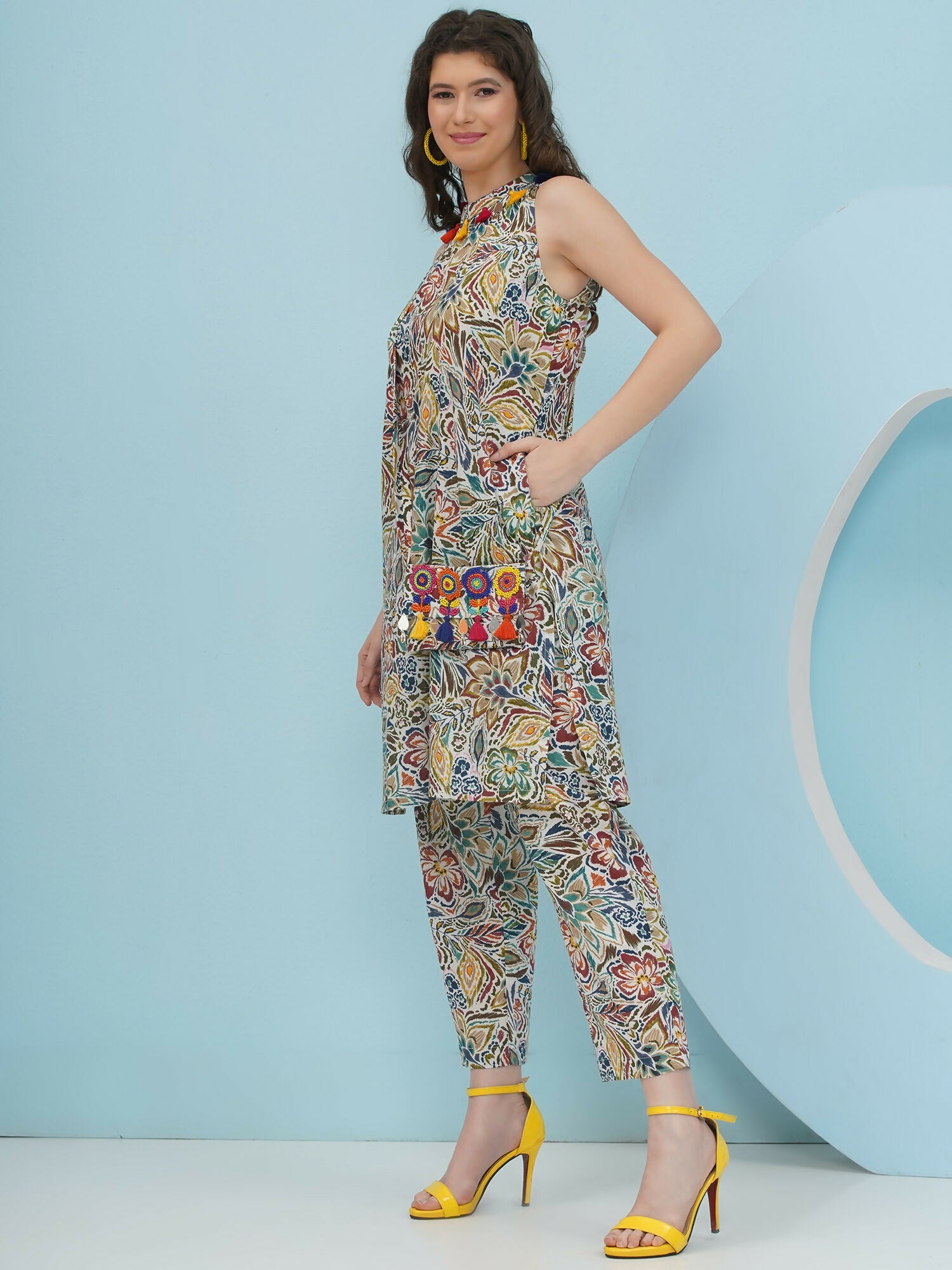 Joban Fashion Floral Co Ord Set With Embellished Sling Bag - Multi