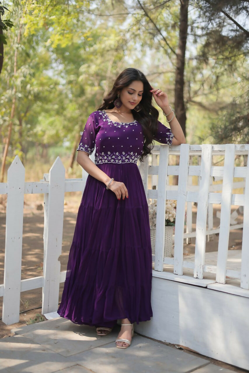 Vastranavya Faux Blooming with Beads embroidery-work Gown - Purple