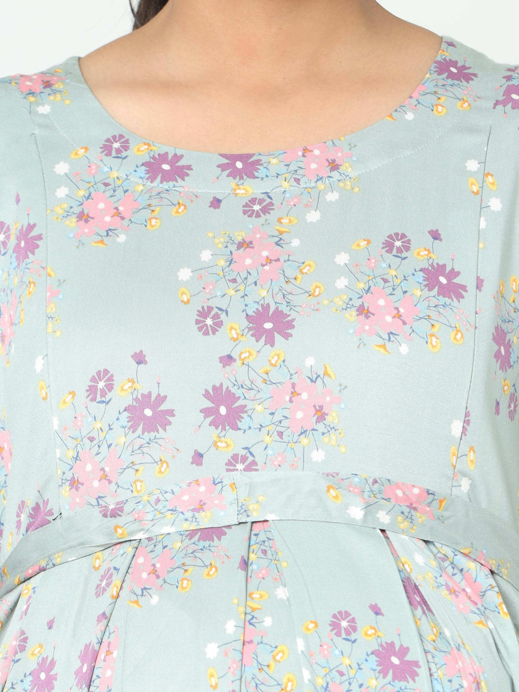 Manet Three Fourth Maternity Dress Pink Floral Print With Concealed Zipper Nursing Access - Green