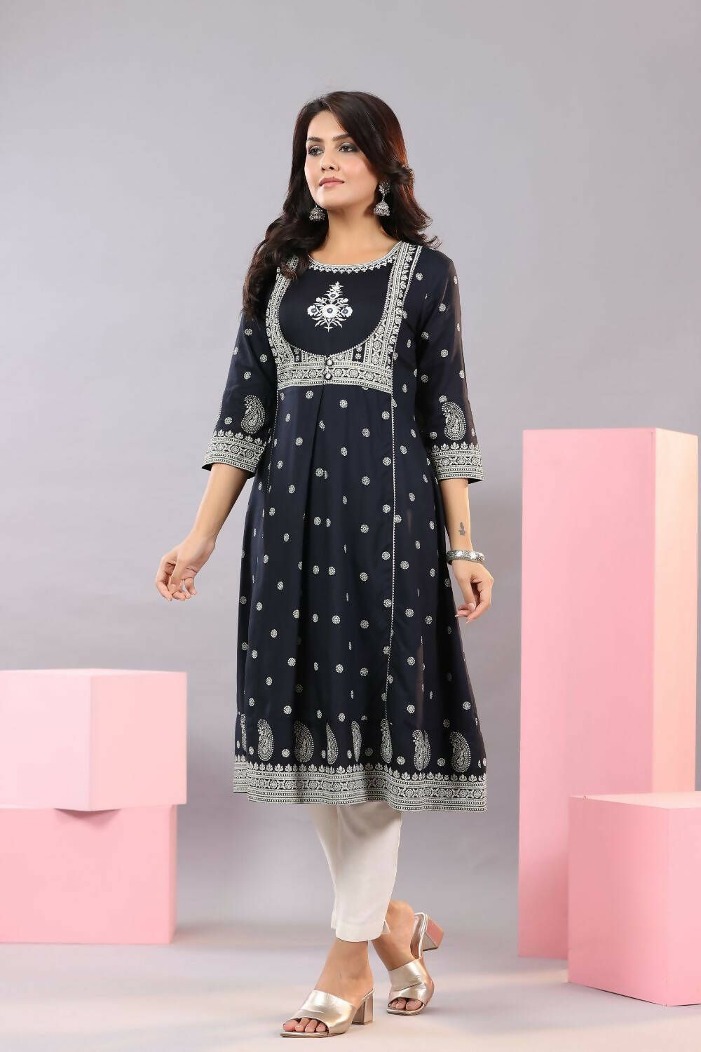 Juniper Women Indigo Rayon Printed A-Line Kurta