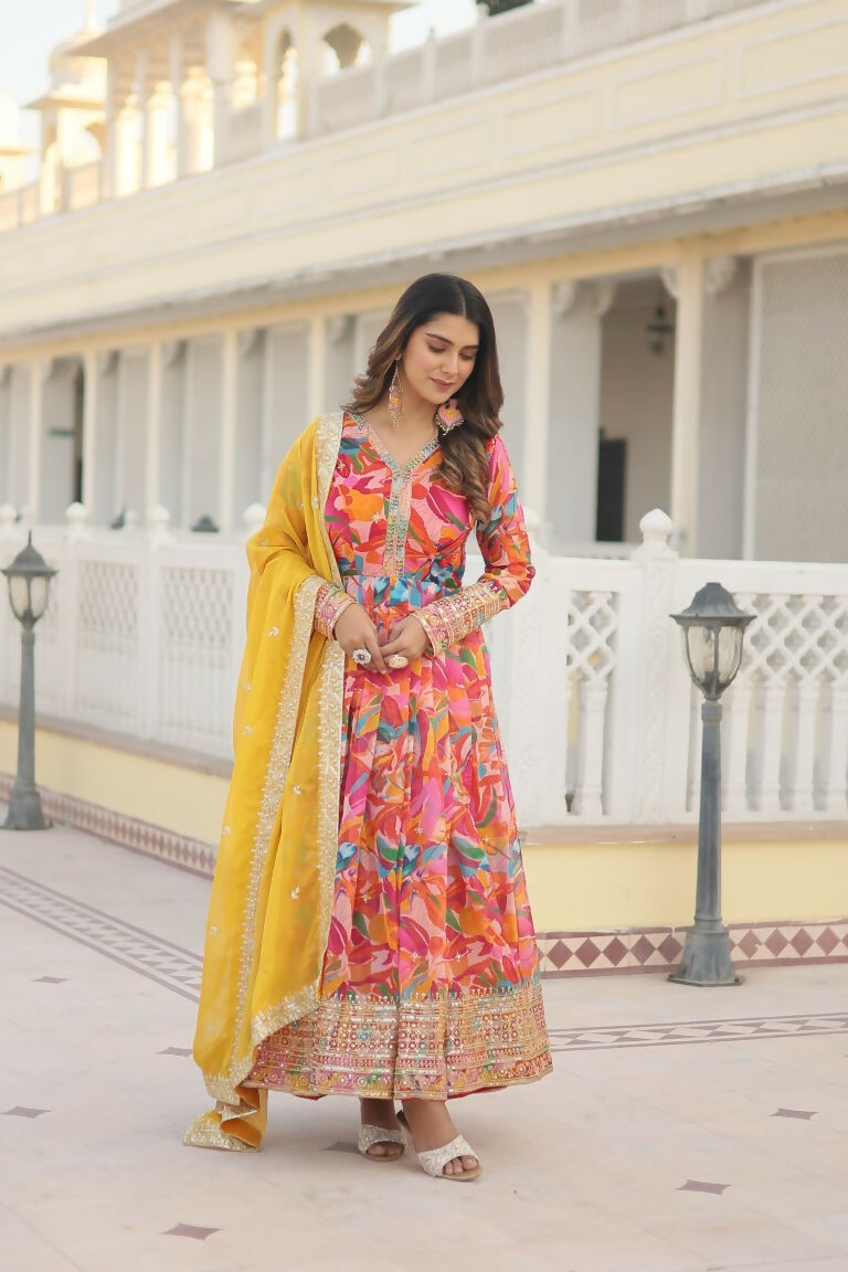 Jyoti Fashion Women's Pink Russian Silk Sequins Zari Embroideredy Anarkali Dress with Dupatta