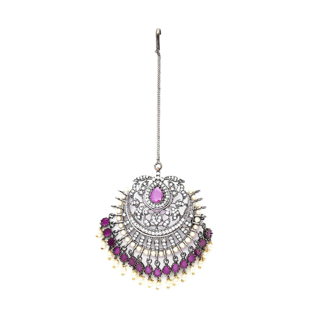 Oversized Diamond & Maroon Stone Maang Tikka- Ruby Raang