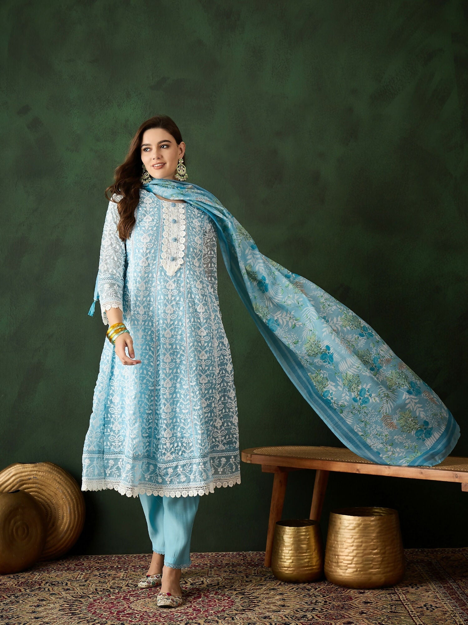 Blue Crystal Organza schiffli embroidery Kurta With Trouser & Dupatta - Bhumi