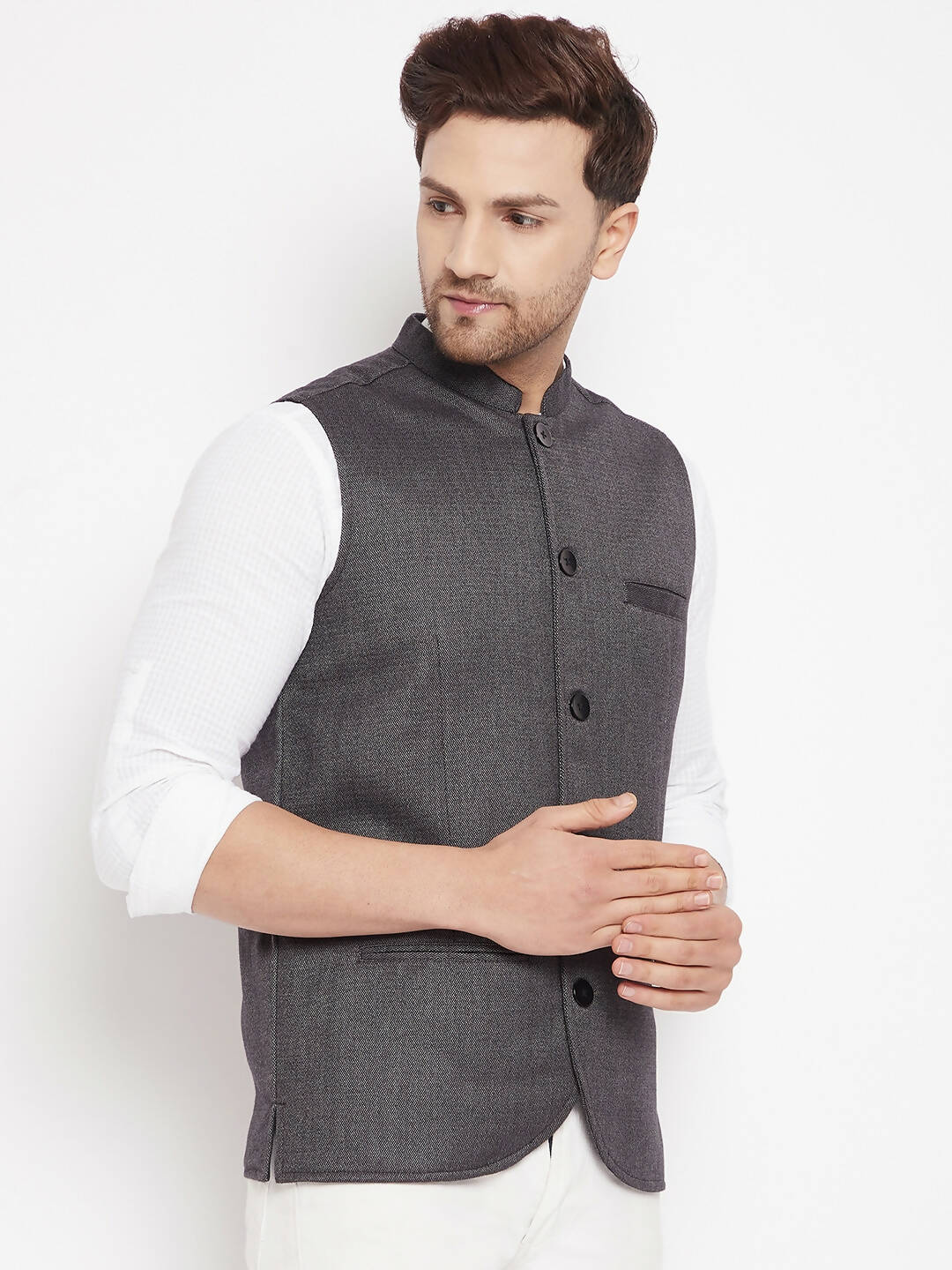 Even Apparels Grey Merino Men Woven Nehru Jacket PW685