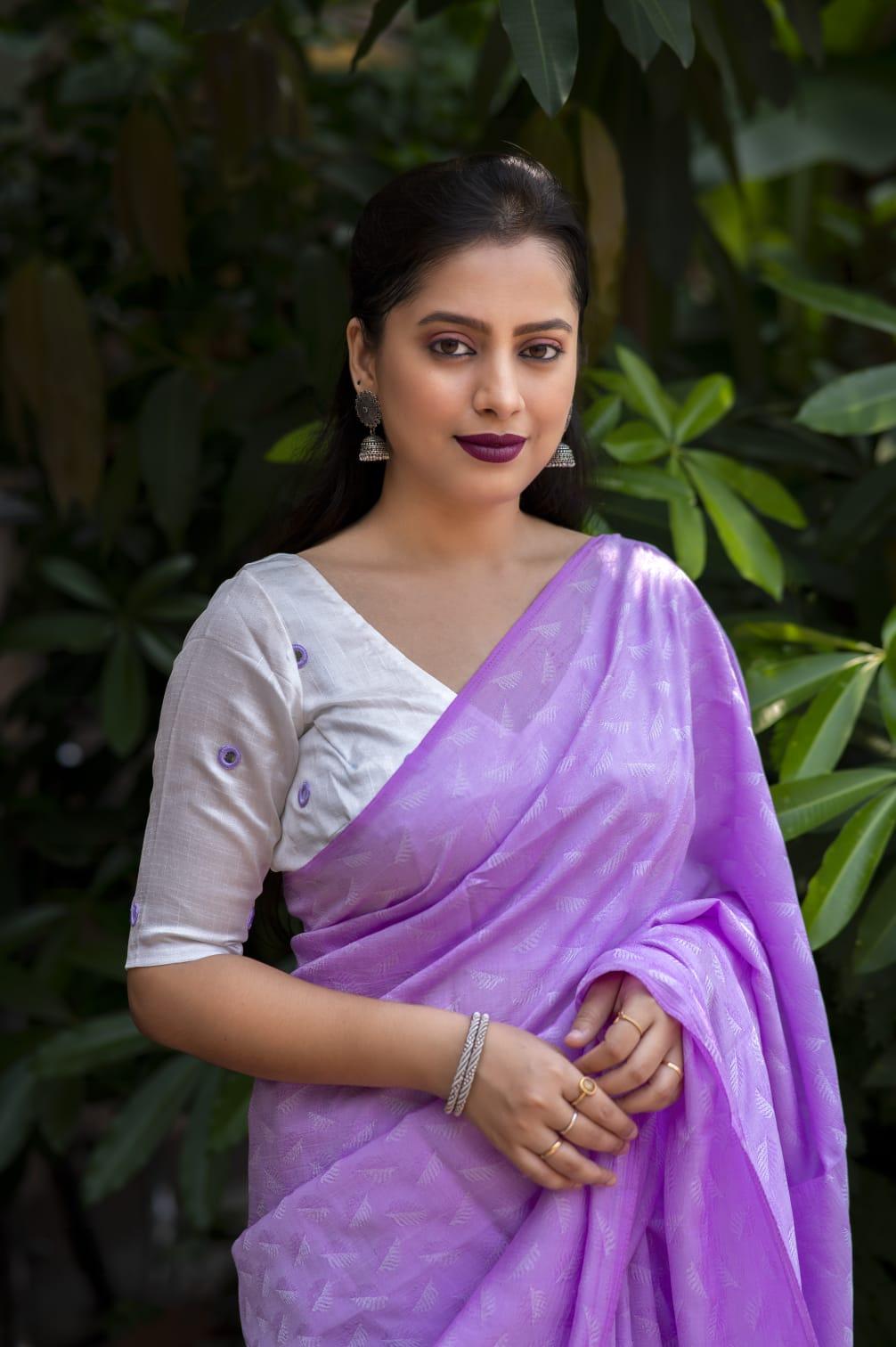 Lavender Poly Georgette Woven Design Saree with Unstitched Blouse - A2M