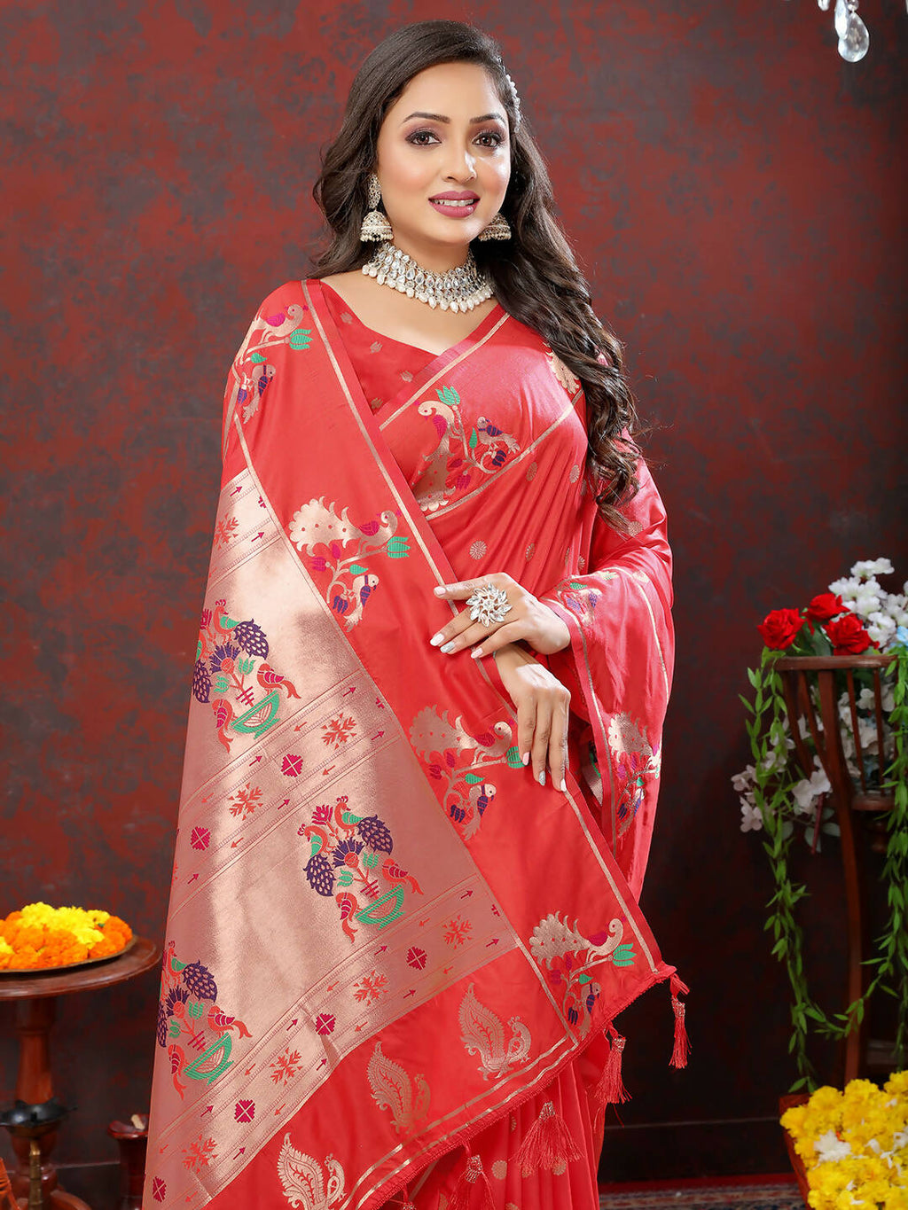 Lorenvalley Fashion Red Soft Paithani Silk Woven Design Copper Zari Meenakari Weaving Saree