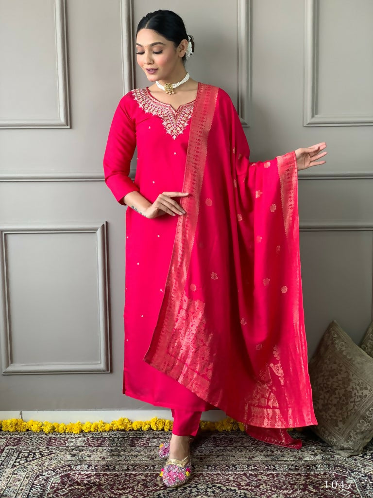 Partywear Designer Viscos Chanderi Red Stitched Suit With Dupatta - Tanisha
