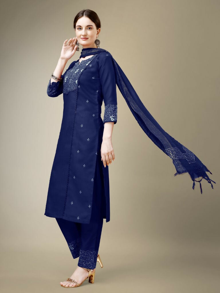 Jyoti Fashion Women's Navy Blue Cotton Blend Embroidery & Fancy Lace work Kurta with Trouser & Dupatta