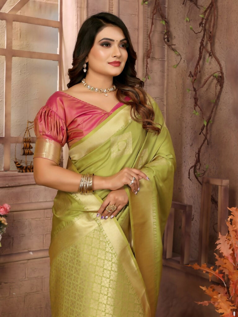 Anaita Light Green Soft Silk With Zari Weaving Borders Saree With Blouse