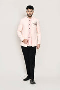 Joban Fashion Peach Colored Imported Polyester Fabric Open Prince Coat, Jacket With Pant