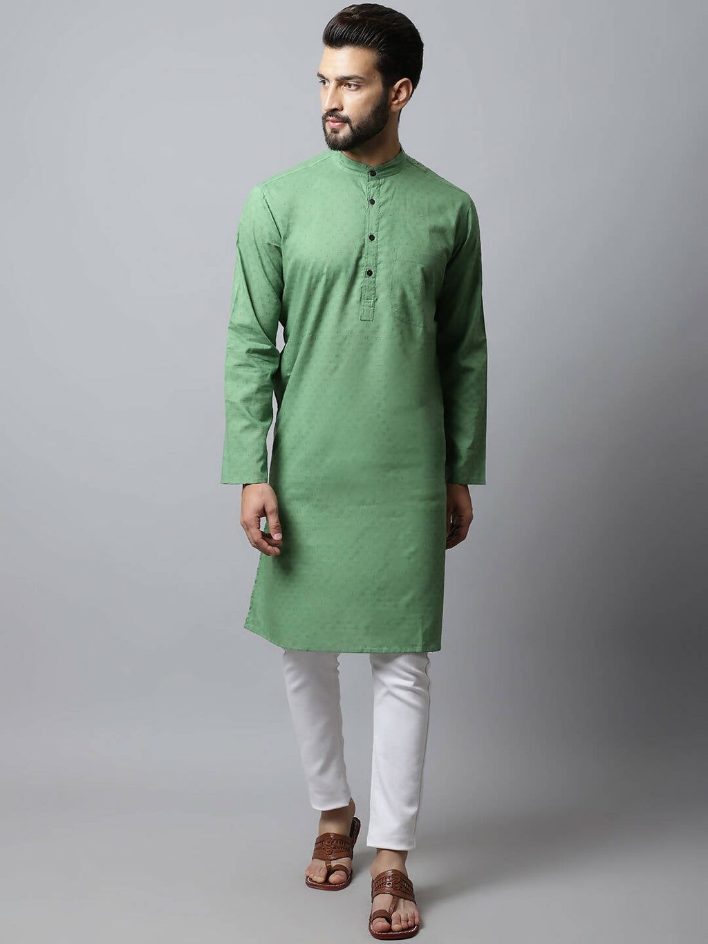 Even Apparels Green Color Pure Cotton Men's Kurta With Band Collar (SLD073)