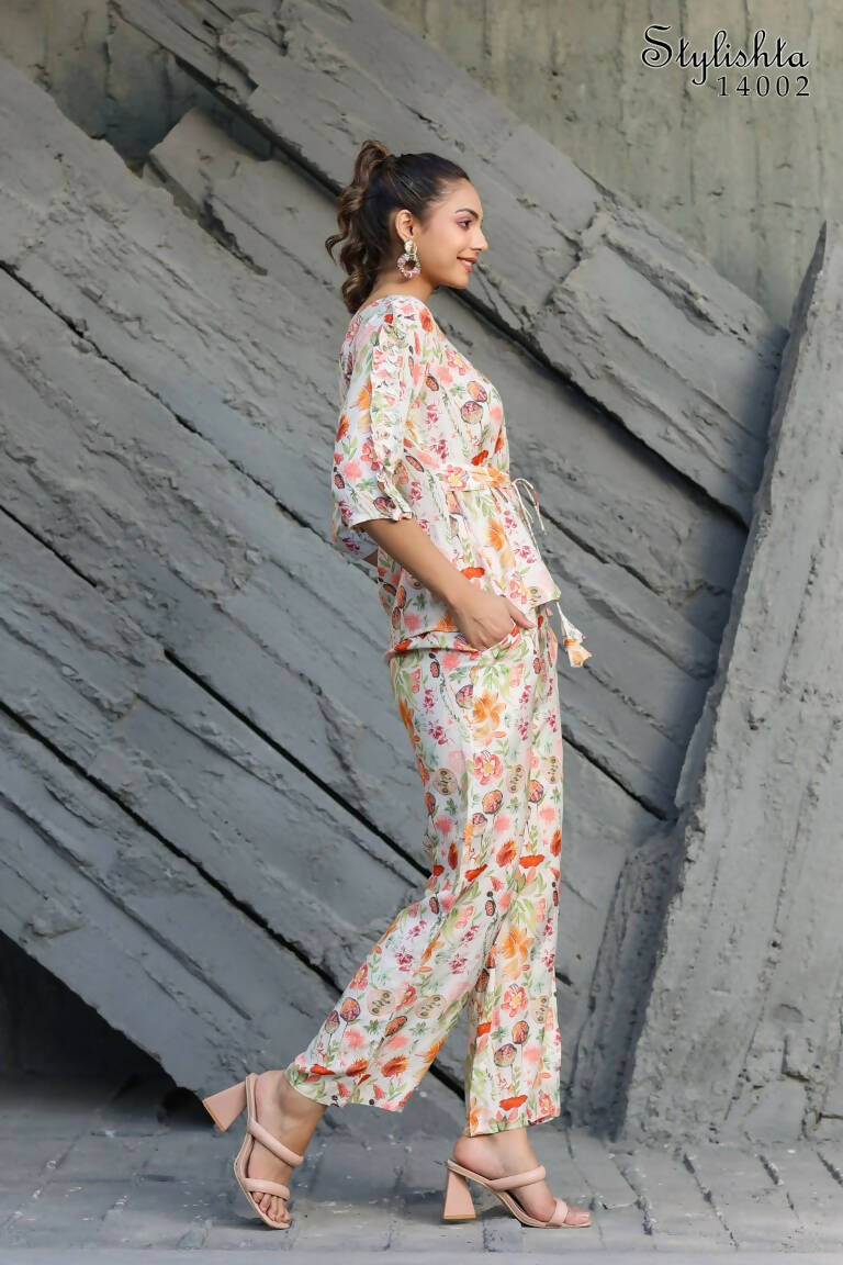 Women's Partywear Designer White & Multi Muslin co-ord set - Stylishta