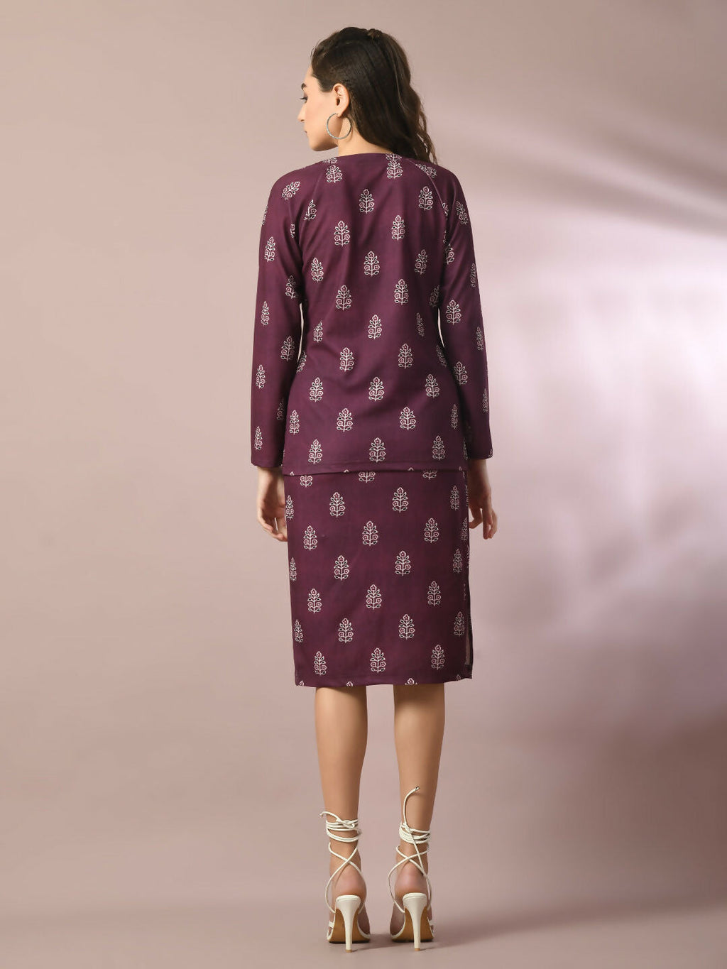 Myshka Women's Magenta Printed Round Neck Party Top With Skirt Co-ord set