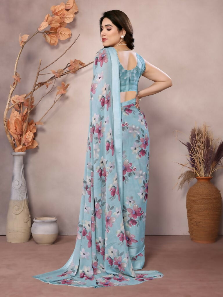 Designer Partywear Light Blue Bright Moss Satin Patta Fancy Saree - Kanak