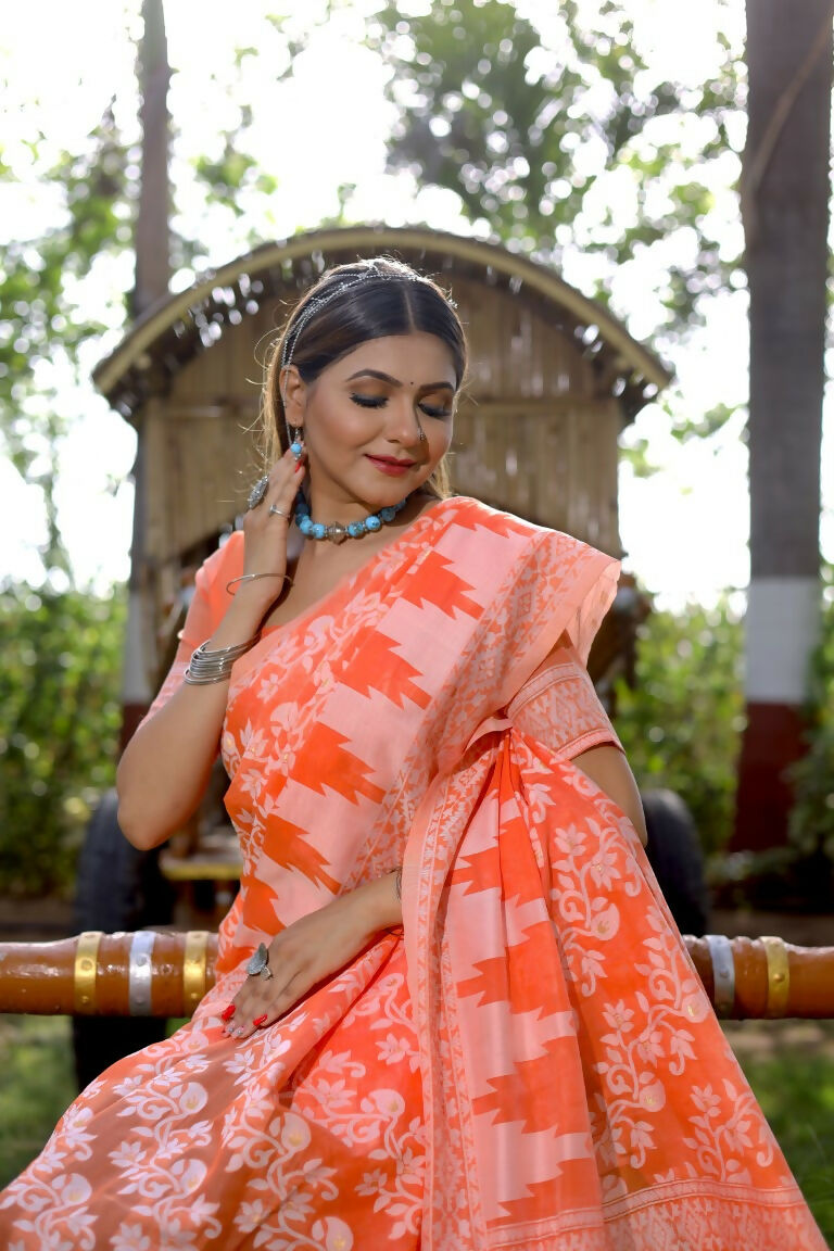 Partywear Designer Orange Jamdani contton Fancy Saree - Starwalk