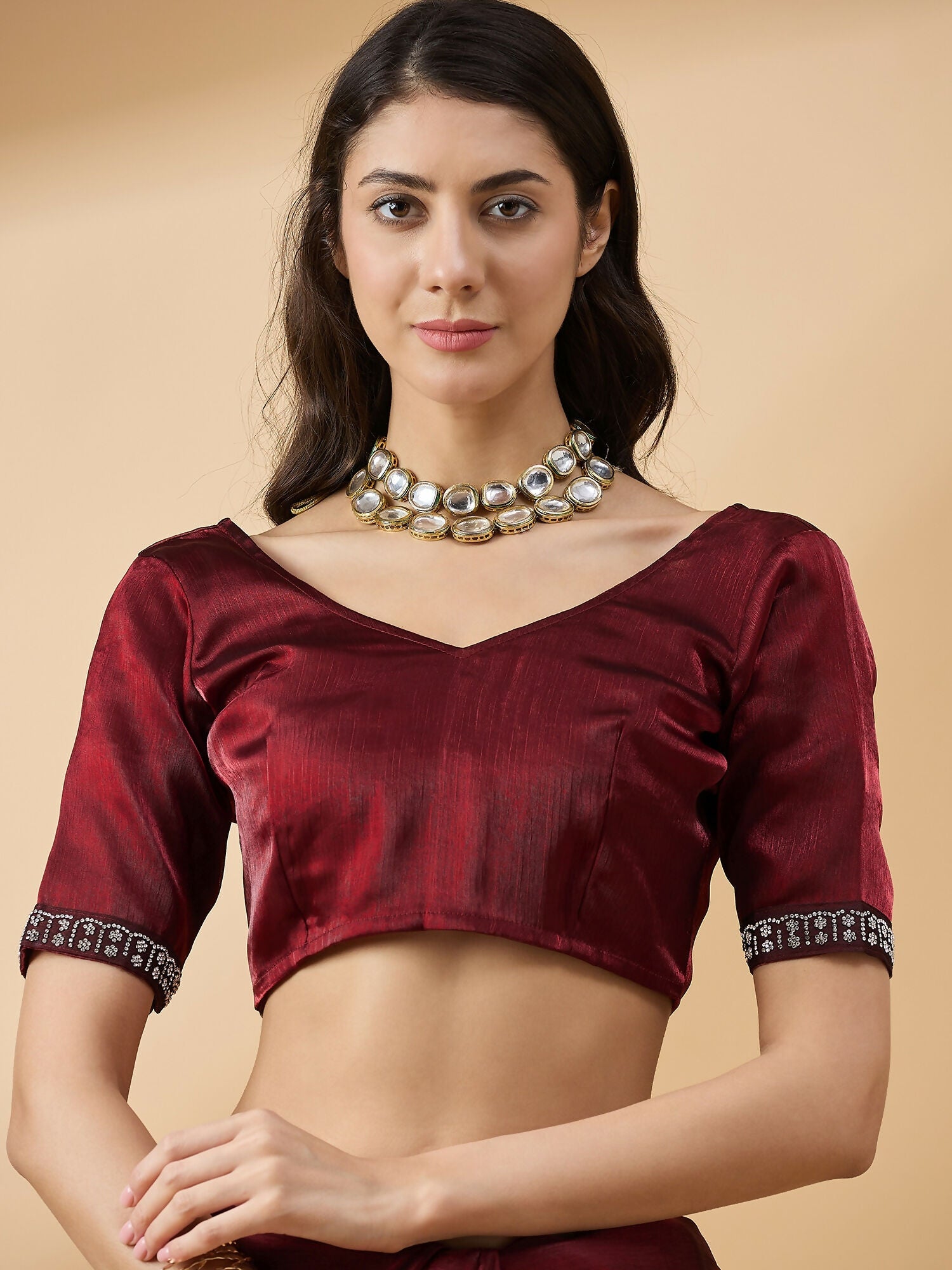 Brown Organza Swaroski Diamond Work Saree with Unstitched Blouse - Radha
