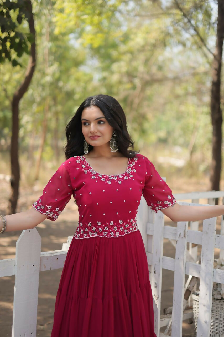 Vastranavya Faux Blooming with Beads embroidery-work Gown - Pink