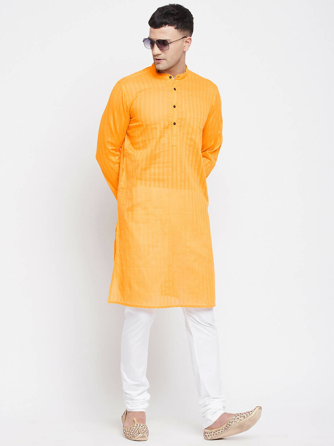 Even Apparels Men's Pure Cotton Kurta With Band Collar in Yellow Color