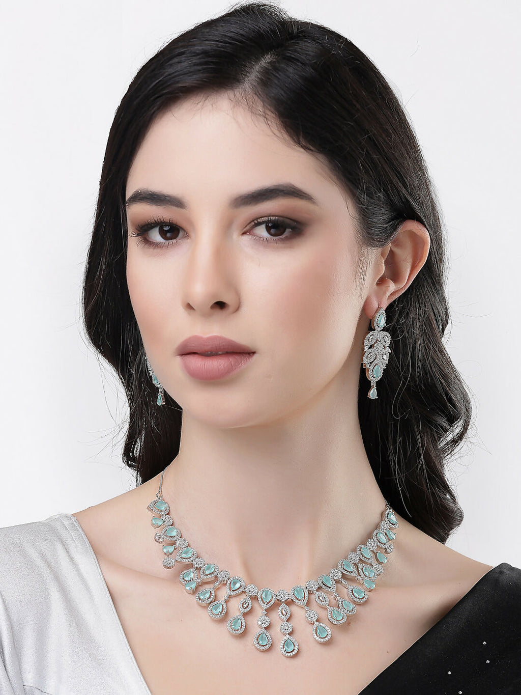 NVR Women's silver plated Turquoise CZ stone handcrafted jewellery set