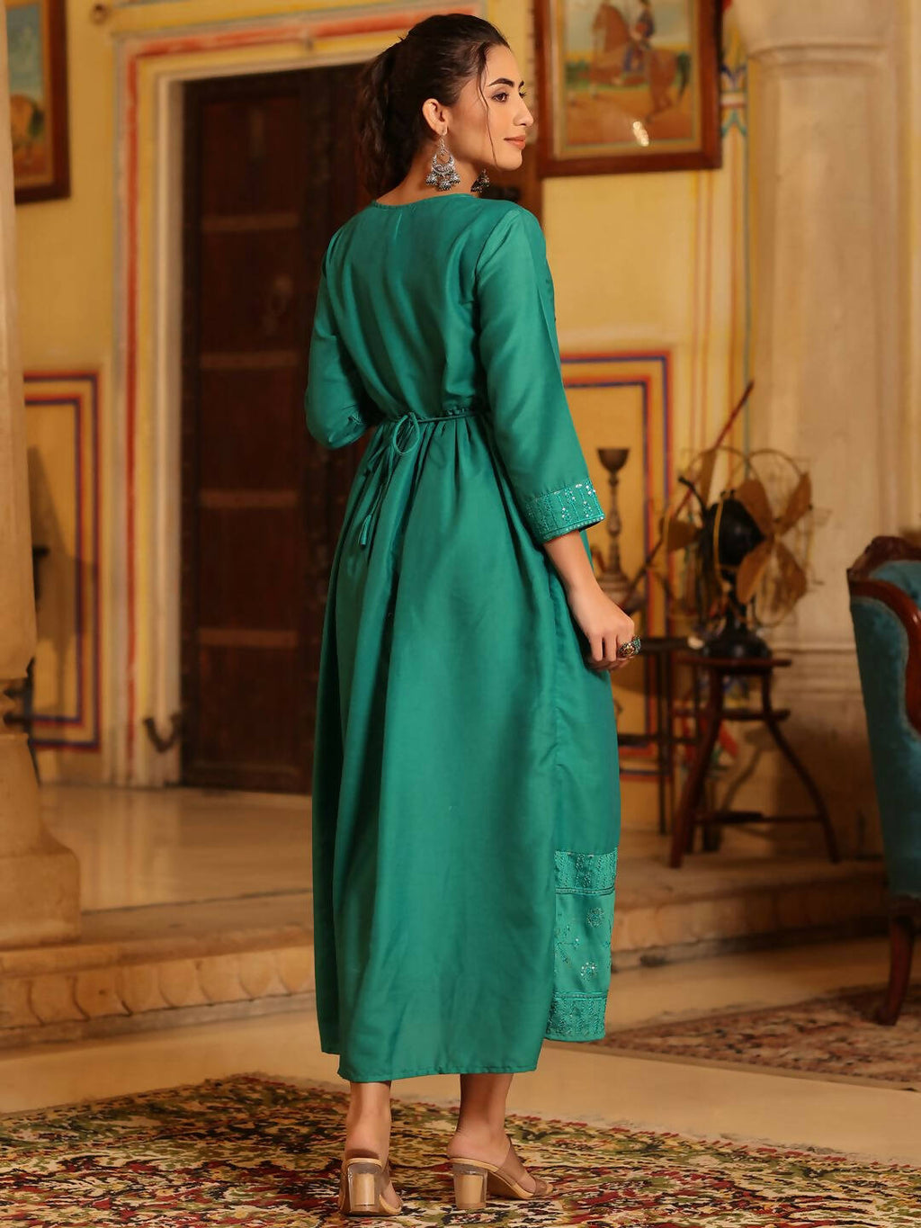 Juniper Women's Teal Festive Embroiderd Flared Dress