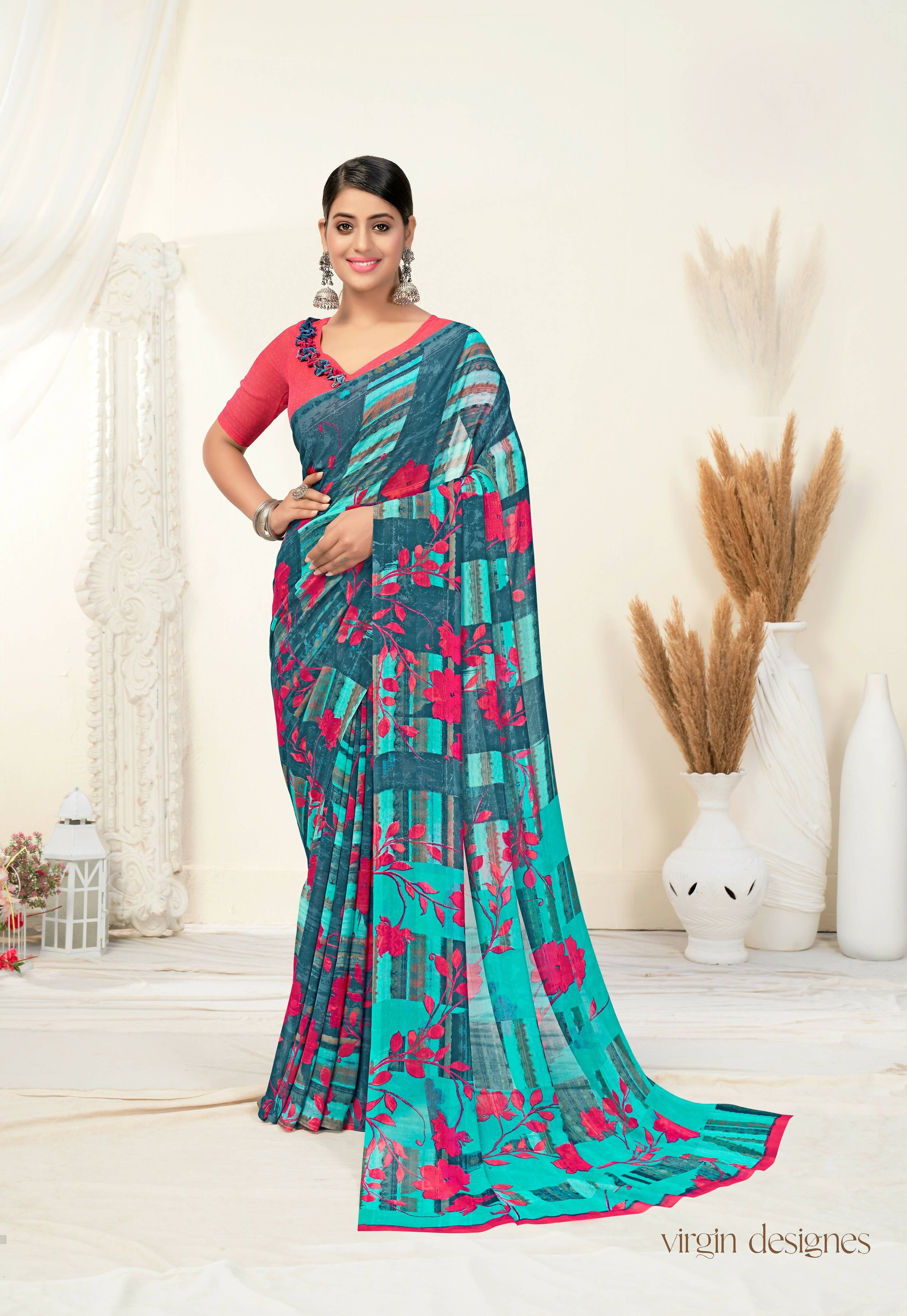 Teal Georgette Floral Printed Saree With Unstitched Blouse Piece - Jyoti