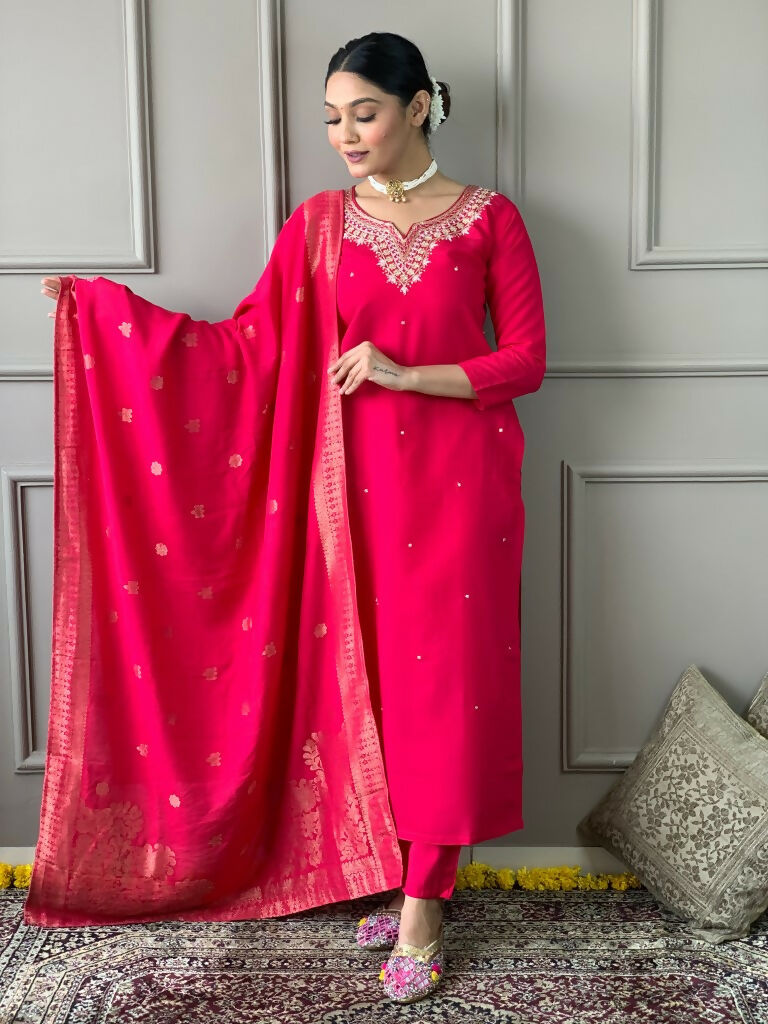 Partywear Designer Viscos Chanderi Red Stitched Suit With Dupatta - Tanisha