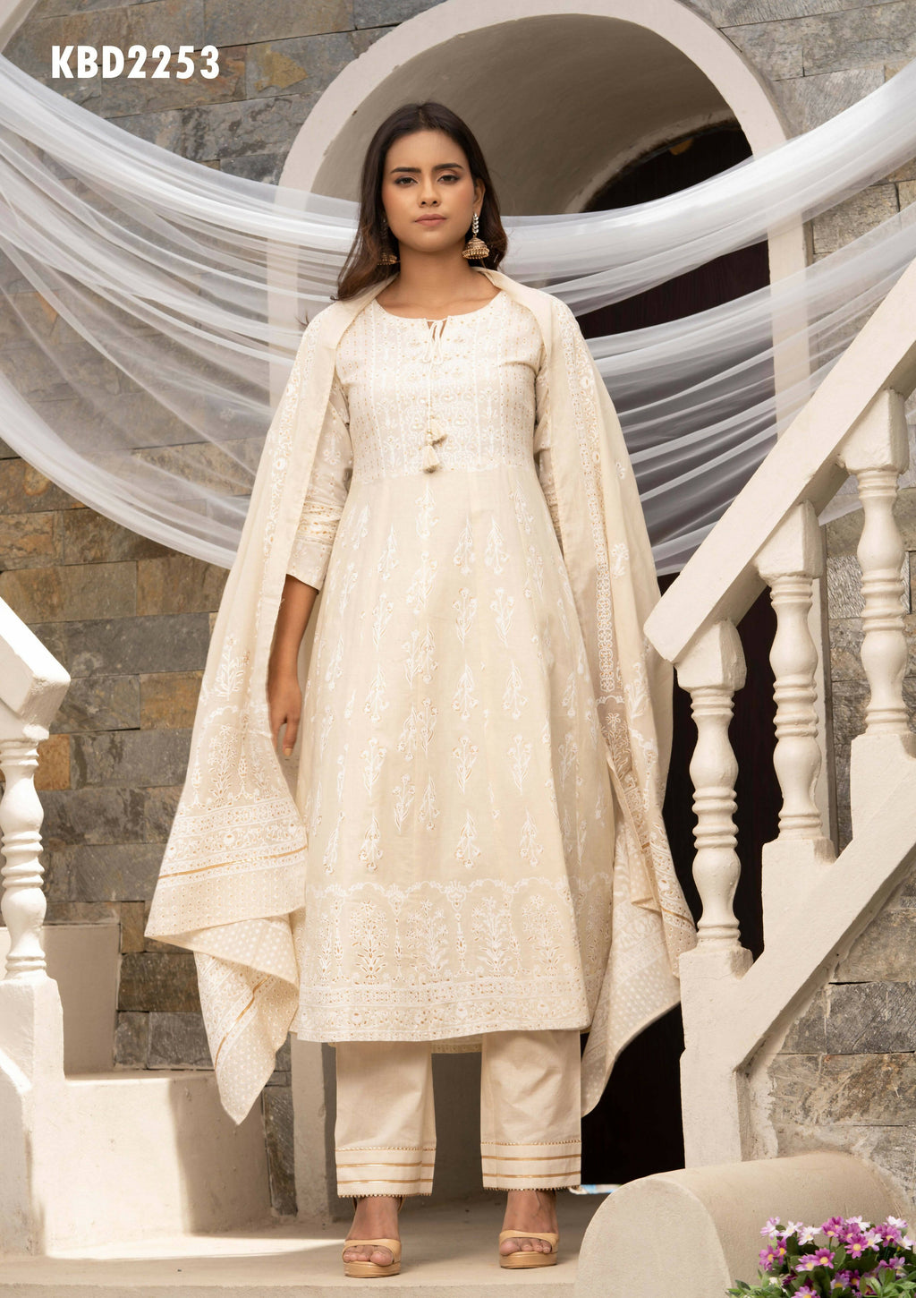 Off White Cotton Cambric Printed with Sequins work Anarkali Kurta with Pant & Dupatta - Akashara