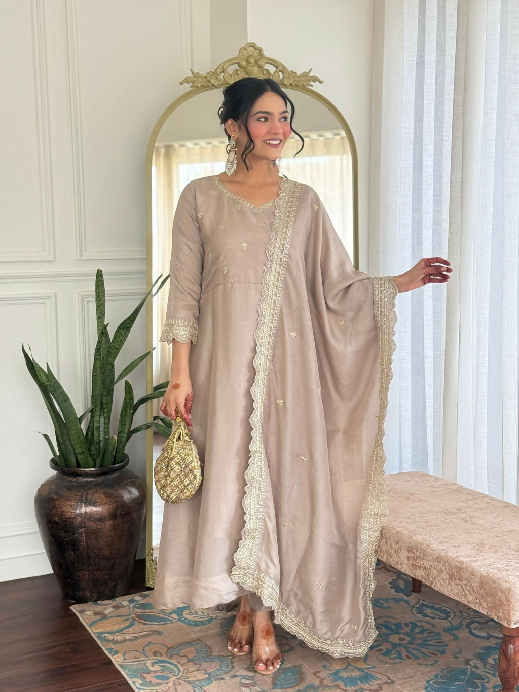 The52 CreamWomen's Gorgeous Vichitra Silk Fabric Embroidered Work Flared Anarkali Pant and Dupatta Set