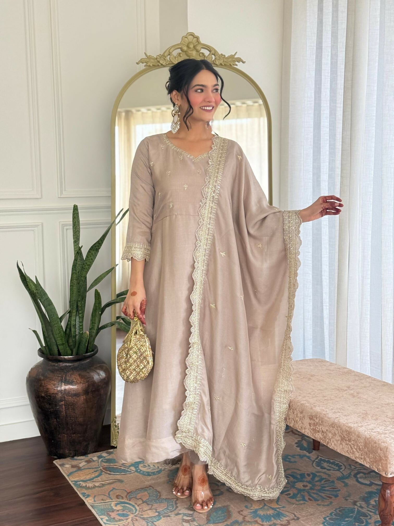 The52 CreamWomen's Gorgeous Vichitra Silk Fabric Embroidered Work Flared Anarkali Pant and Dupatta Set