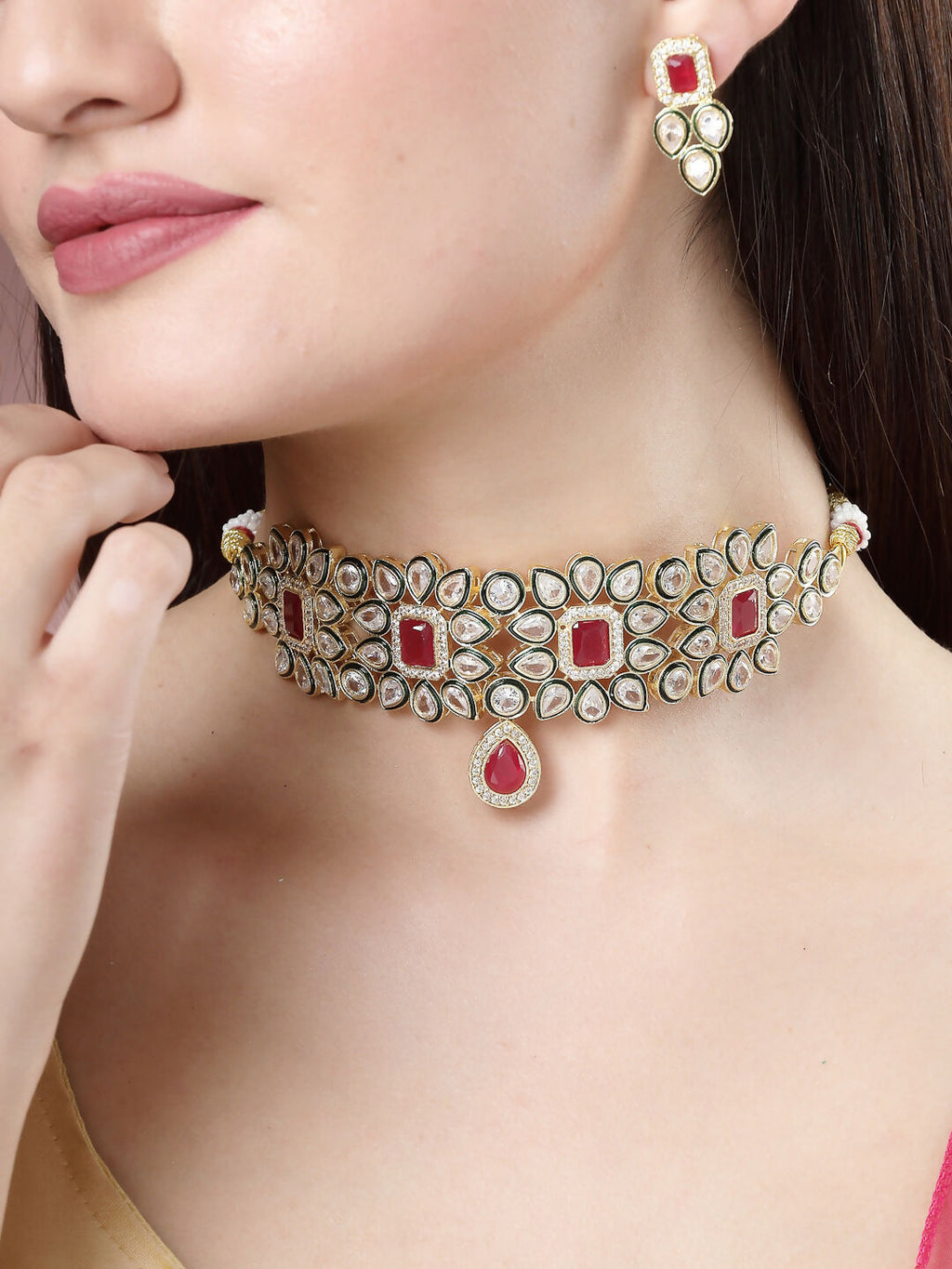 NVR Women's Set of 2 Red & Gold Kundan Studded Jewellery Set Choker & Long Necklace With Earrings