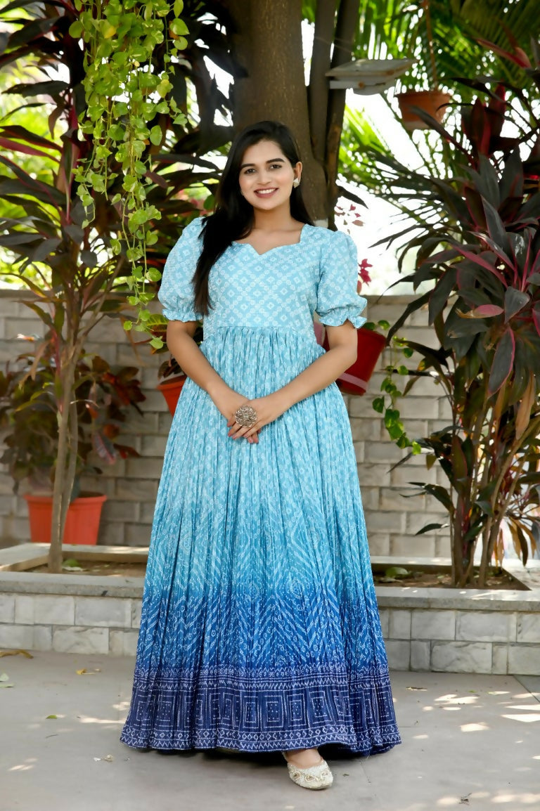 Jyoti Fashion Women's Sky Blue Bandhej Print with Crush Pleating Muslin Anarkali Dress