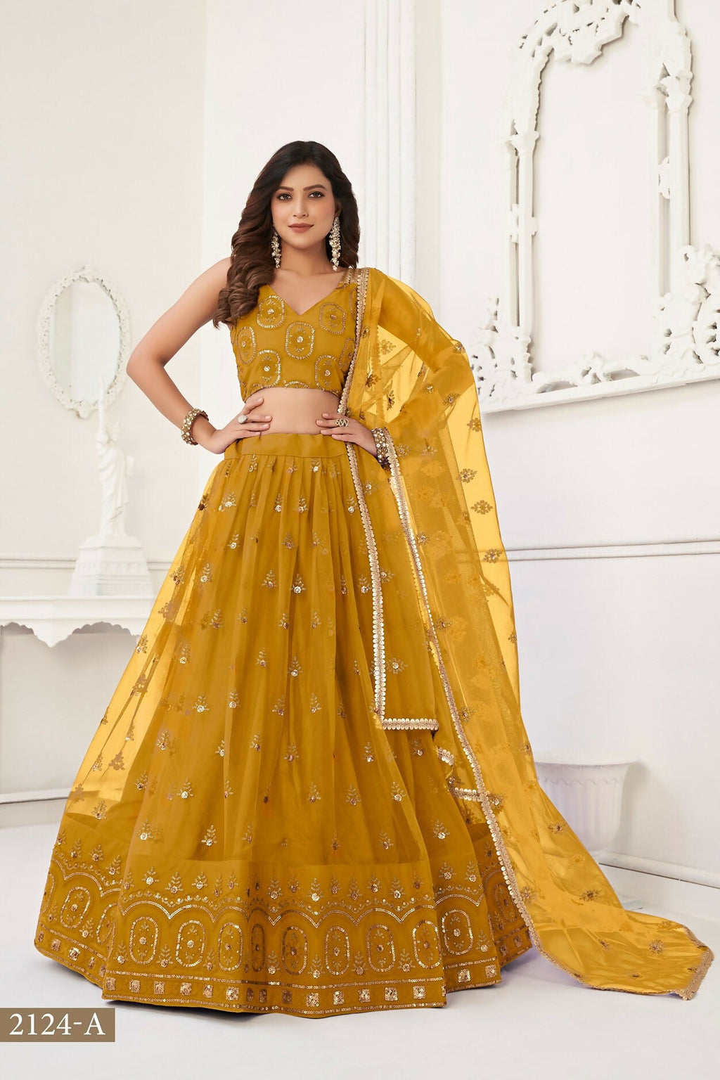 Eilara Women'S Mustard Yellow Butterfly Net With Tone Thread Work And Sandwich Embroidered Work Lehenga Choli For Wedding
