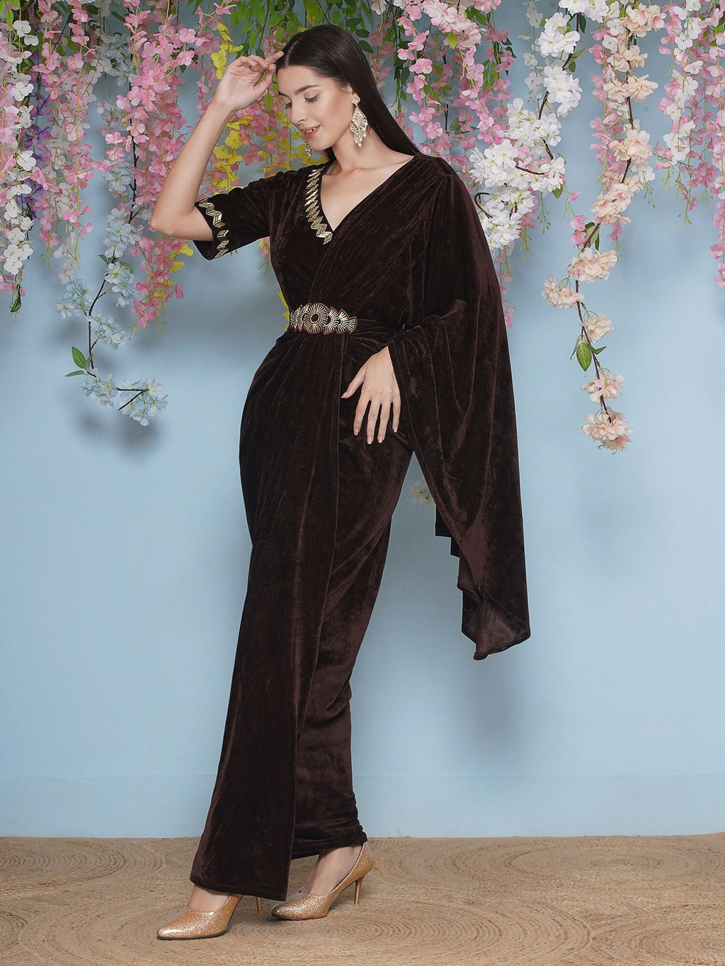 Joban Fashion Brown Hand Embellished Gown With Drape and Belt