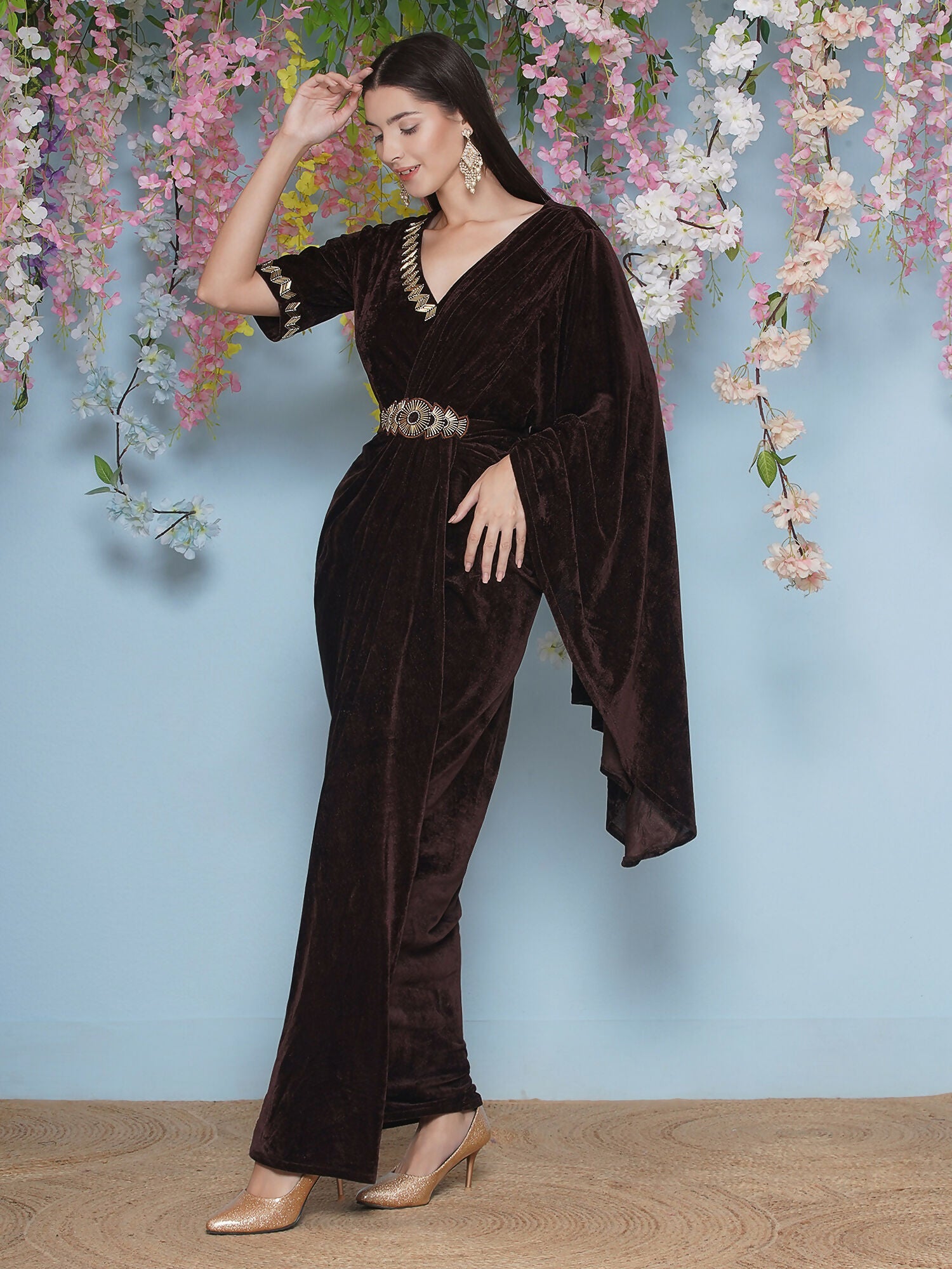 Joban Fashion Brown Hand Embellished Gown With Drape and Belt