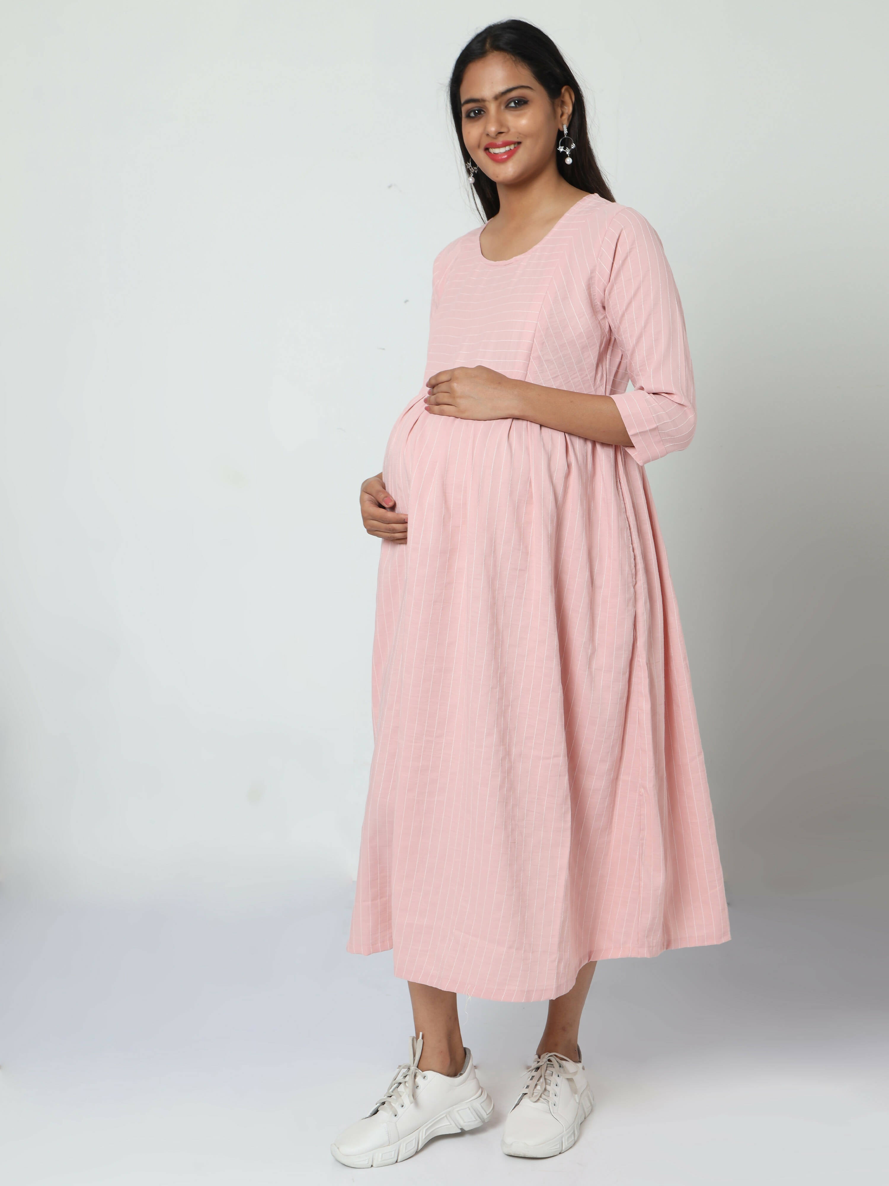 Manet Three Fourth Maternity Dress Striped With Concealed Zipper Nursing Access - Baby Pink