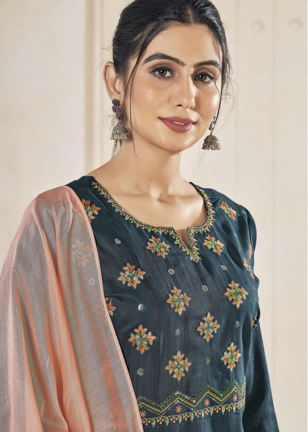 Jyoti Fashion Women's Morpich Pure Viscose Weaving Stripe with Embroidery Kurta Set