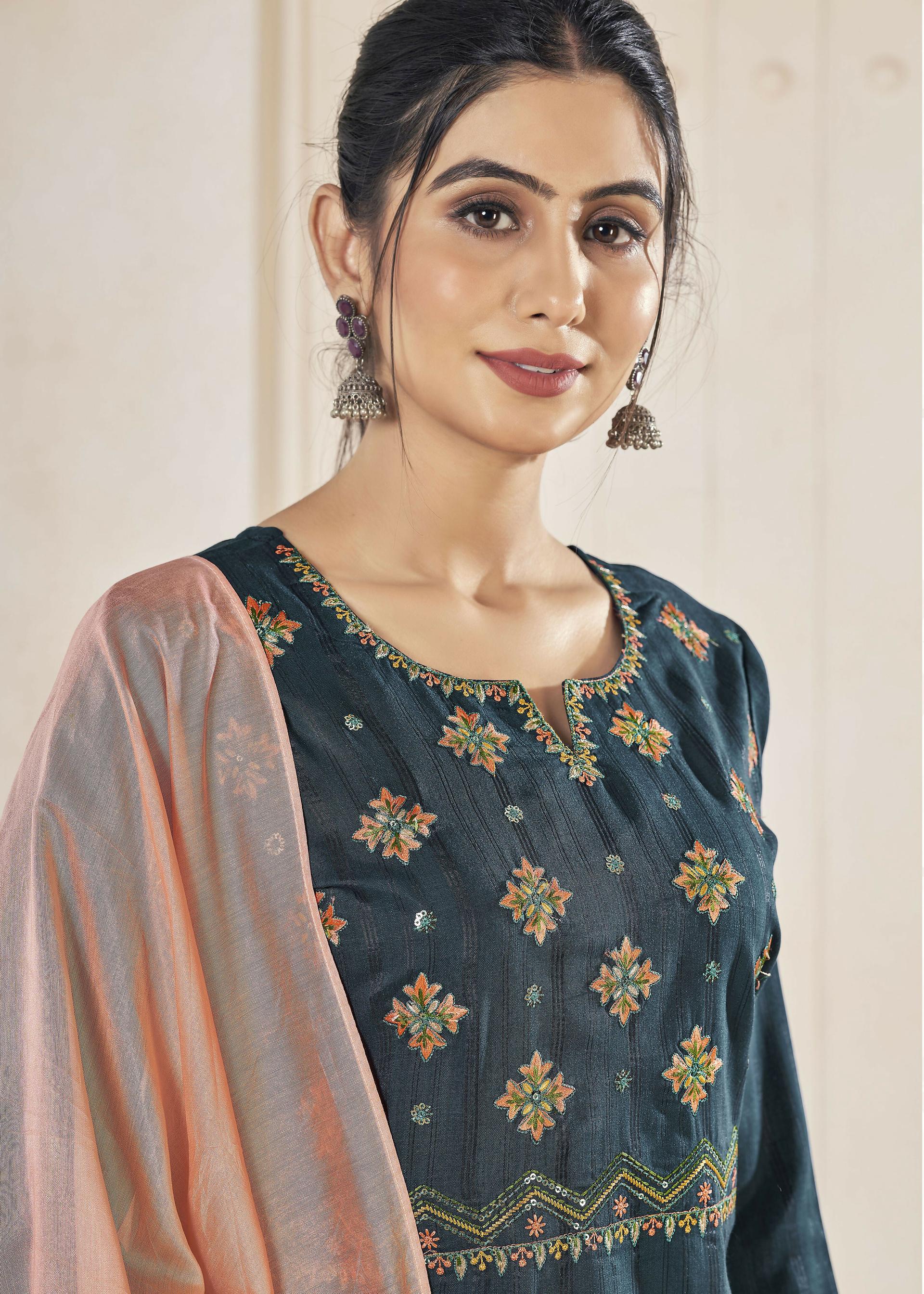 Jyoti Fashion Women's Morpich Pure Viscose Weaving Stripe with Embroidery Kurta Set